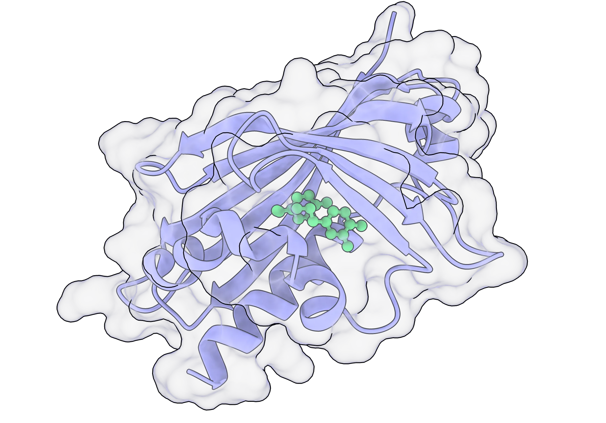 An enzyme, rendered in purple with a translucent molecular surface, holding its substrate in the active site, shown in green.